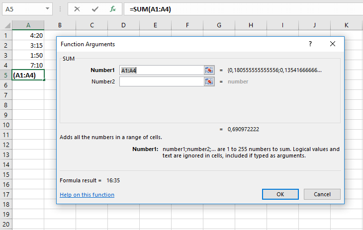 Ventana con opciones de entrada de la función SUMA para sumar horas en Excel