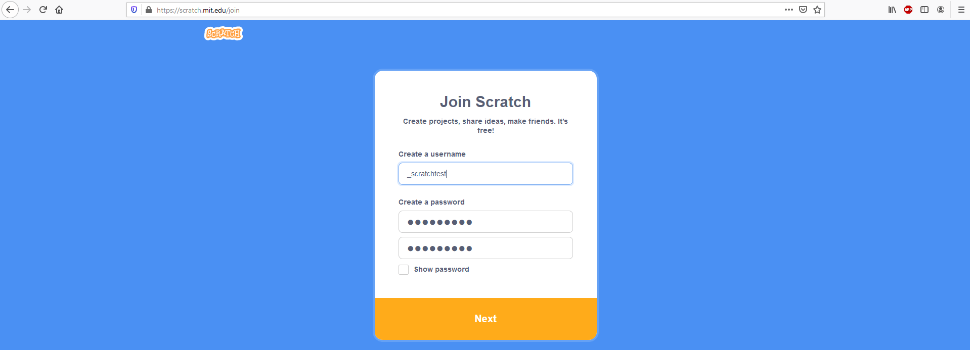 “Únete a Scratch”: ventana para crear una cuenta de usuario en Scratch