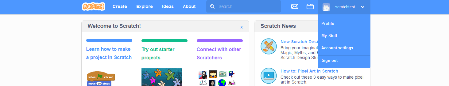 Aprender a programar con Scratch: menú rápido para gestionar tu perfil, cuenta y proyectos