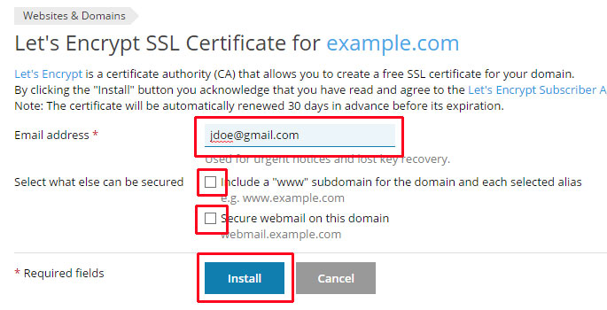 Captura de pantalla de los campos necesarios para instalar el certificado SSL Let’s Encrypt para example.com