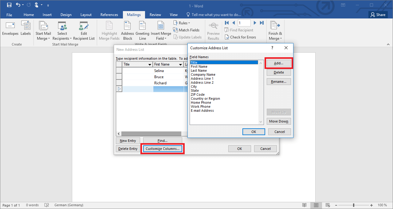 Menú para añadir nuevas columnas en la lista de direcciones en Word