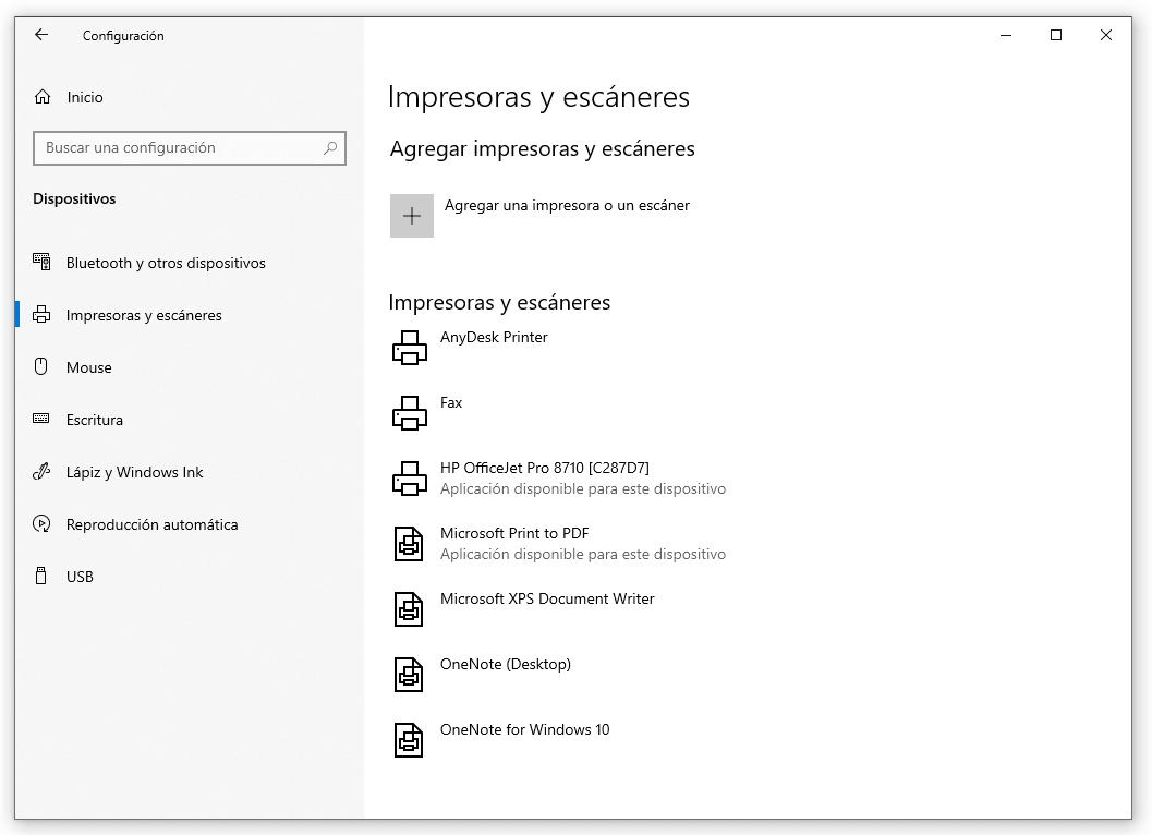 Menú para administrar impresoras en Windows 10