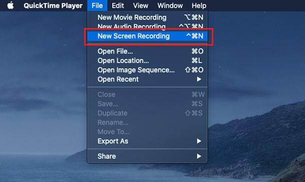 Opción Nueva grabación de pantalla del menú de QuickTime Player