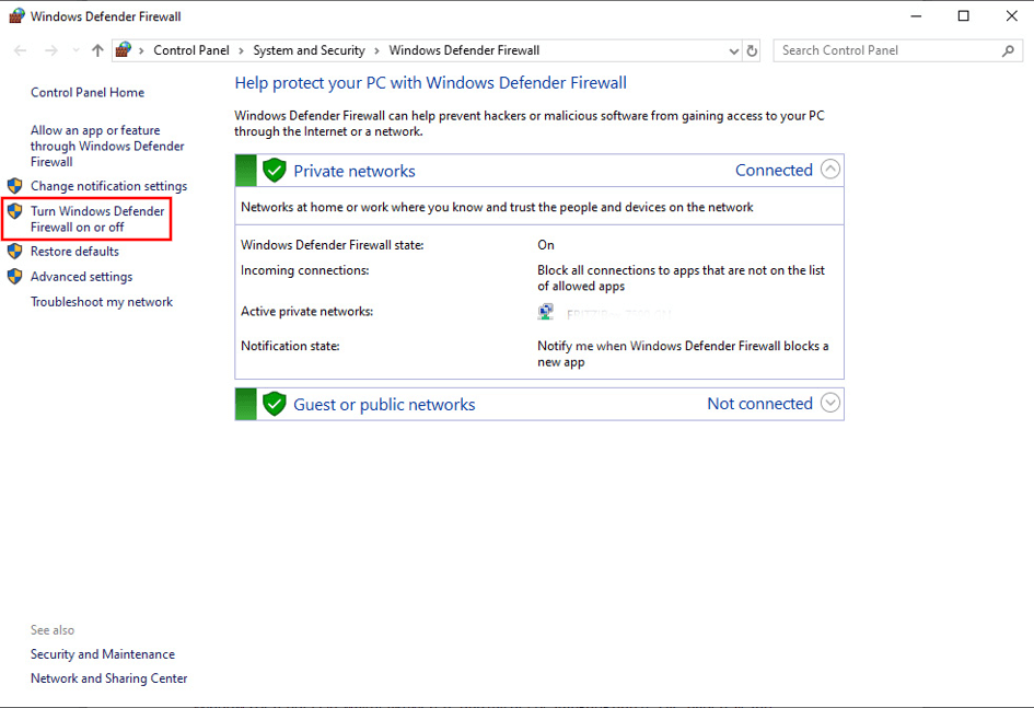 Opción para desactivar el firewall de Windows 10