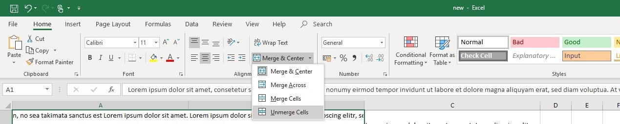 Opciones de selección en el menú Excel “Combinar y centrar”