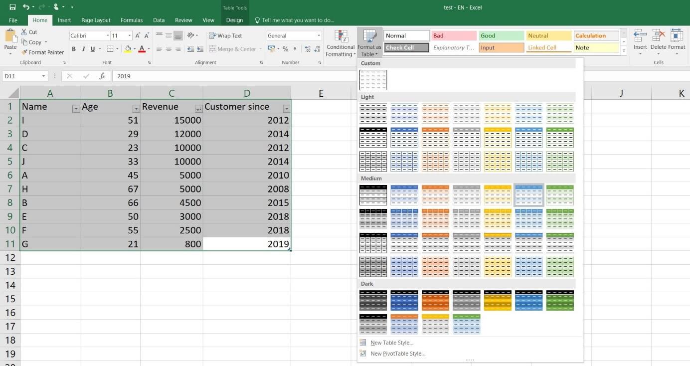 Vista general de las plantillas predefinidas de tablas en Excel en Excel 2016