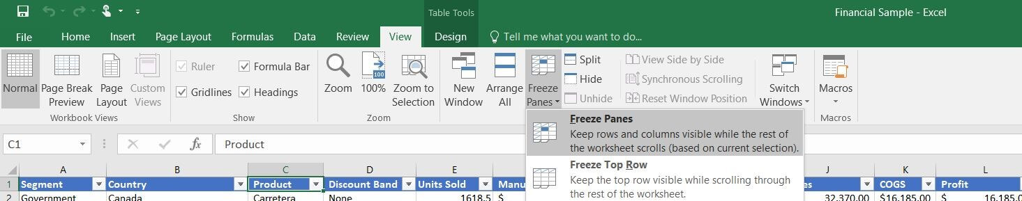 Inmovilización de columnas en Excel con la opción “Inmovilizar paneles”