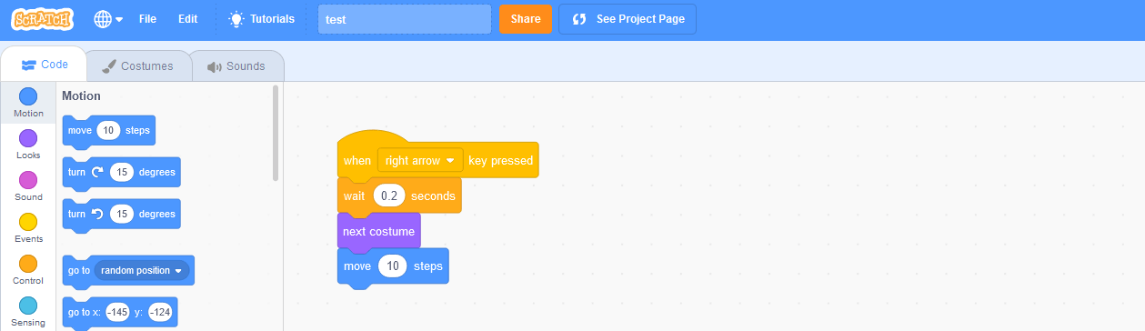 Programación con Scratch: vista del script en el proyecto de ejemplo