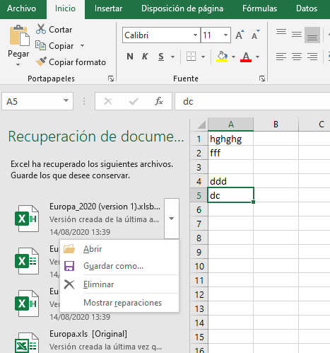 Recuperación de documentos en Excel