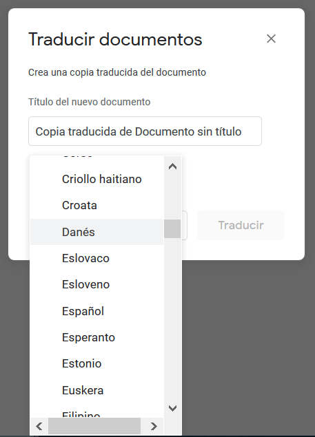 Selección del idioma meta para la traducción en Google Docs