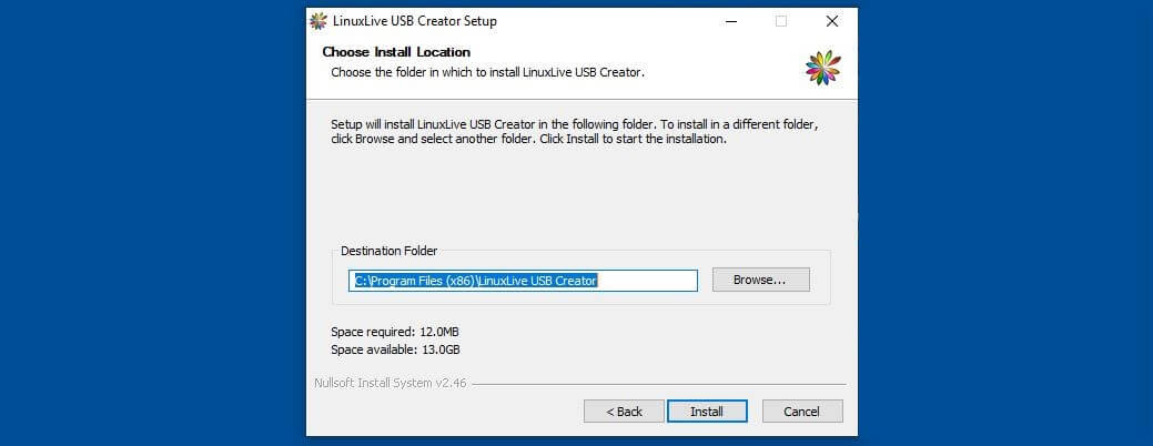 Selección de la ruta de instalación para LinuxLive USB Creator