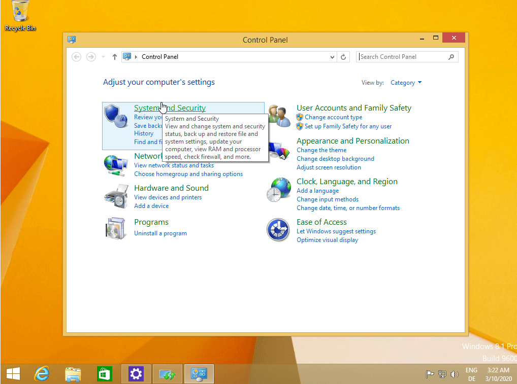 Categoría “Sistema y seguridad” en el panel de control de Windows 8