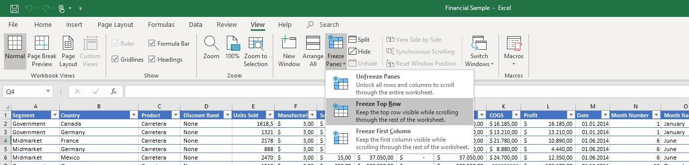 Menú “Inmovilizar paneles” en Excel 2016