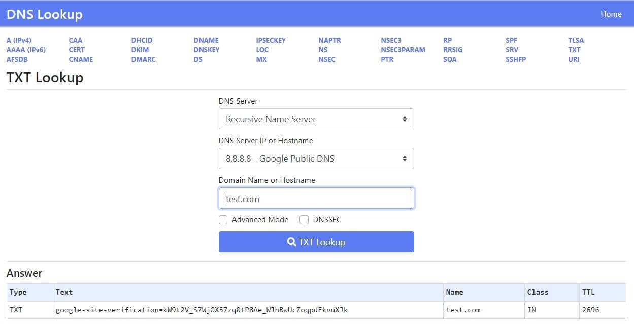 Captura de pantalla de la herramienta DNS Lookup