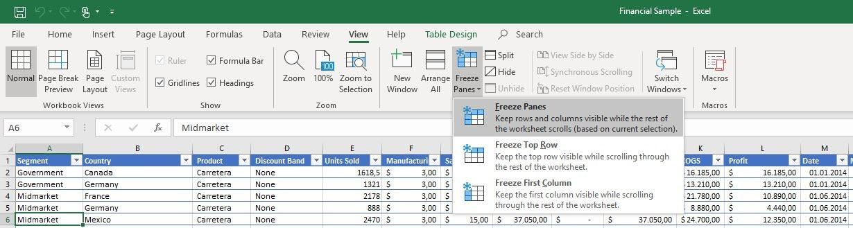 Menú de la pestaña Vista en Excel 2016