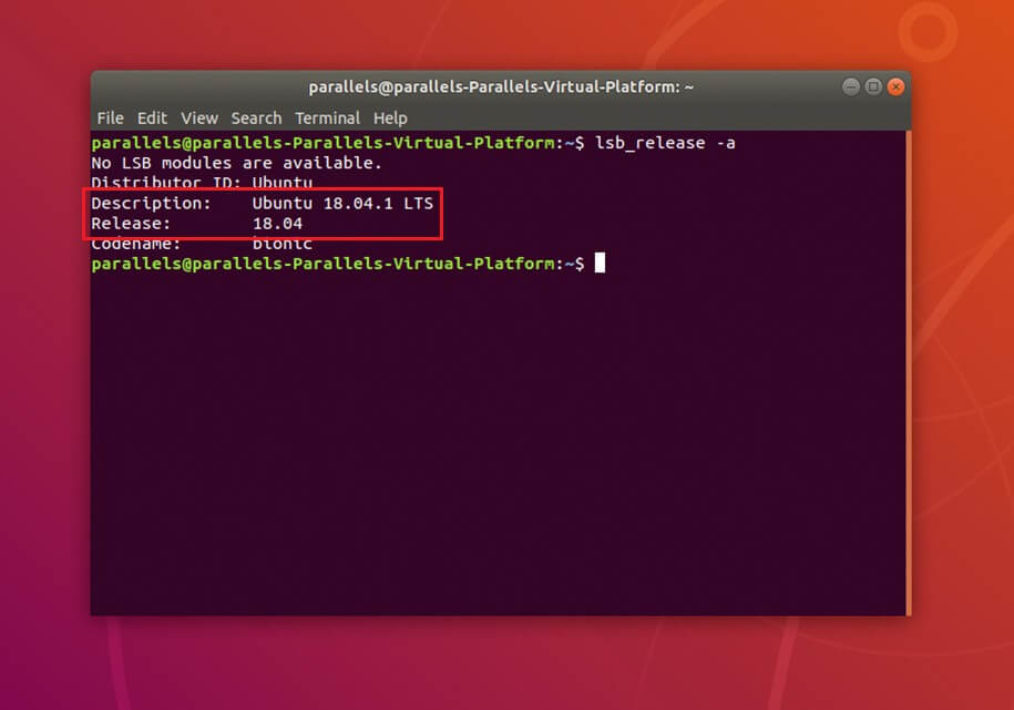 El terminal muestra la versión de Ubuntu instalada