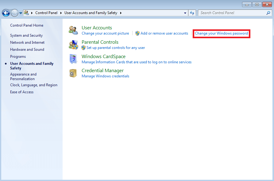 Menú “Cuentas de usuario y protección infantil” de Windows 7.