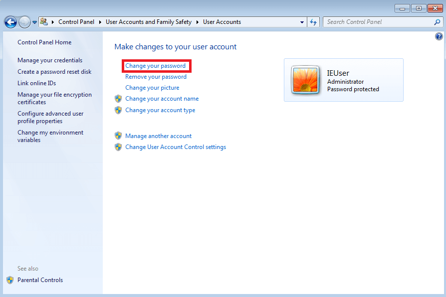 Windows 7: menú “Cuentas de usuario”.