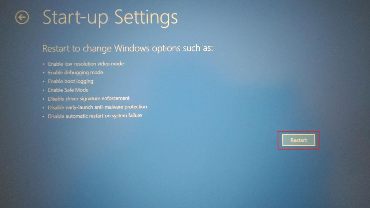 Captura de pantalla de la UEFI de Windows 10: configuración de inicio