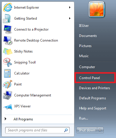 Menú de Inicio de Windows 7 con el botón del panel de control.