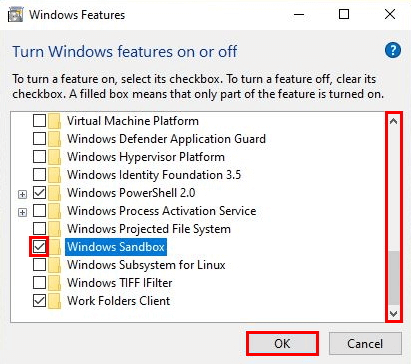 Características de Windows: activar el espacio aislado de Windows