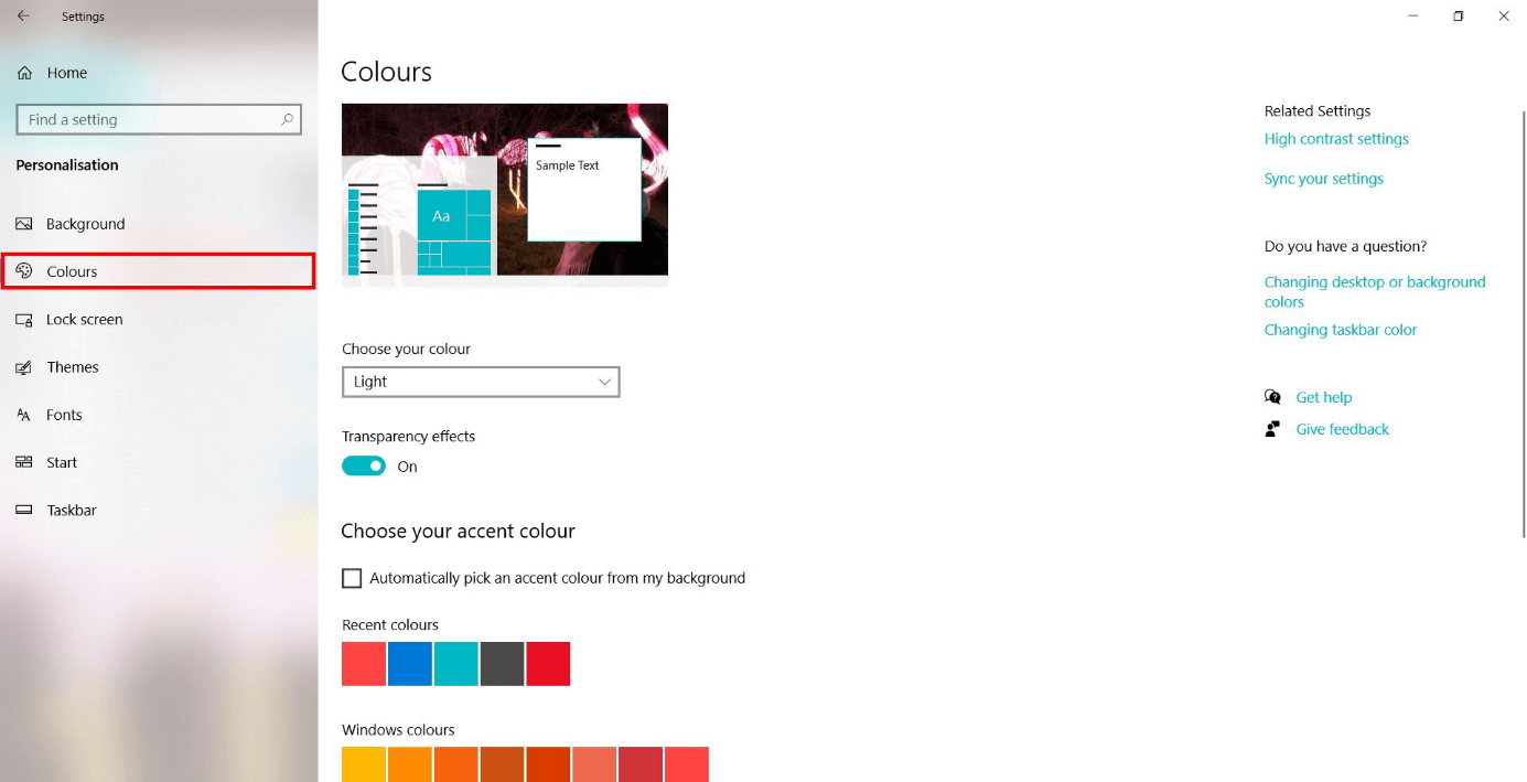 Configuración de Windows: “Colores”