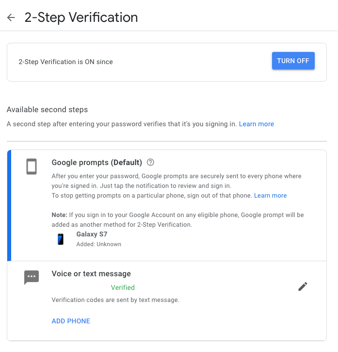 Vista de la “Verificación en dos pasos” de la cuenta de Google