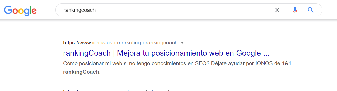 Ejemplo de los resultados Google para "rankingcoach"