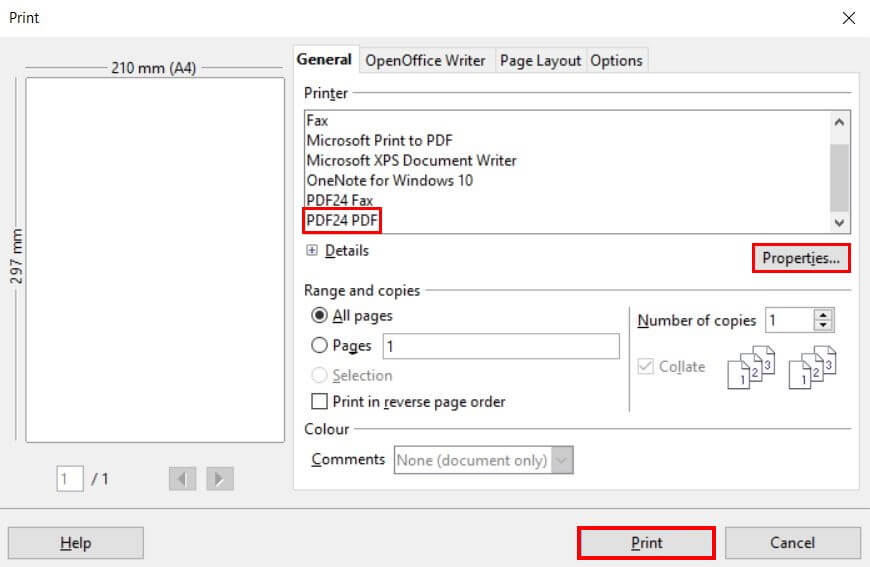 OpenOffice Writer: impresora PDF