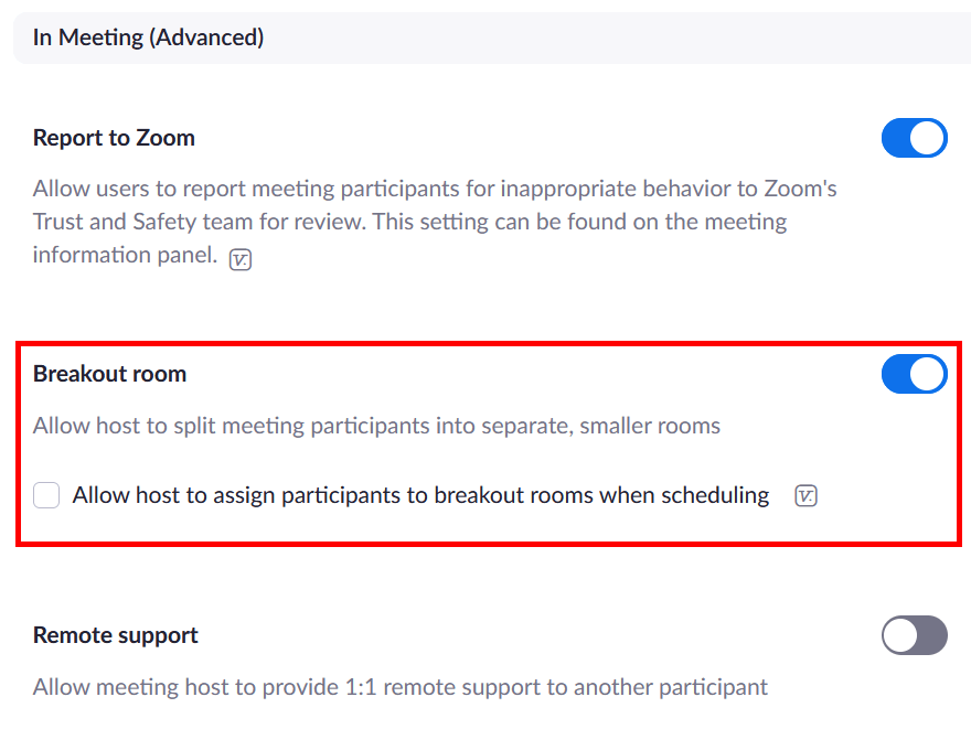 Opción de activar la función Zoom breakout room en la configuración de la cuenta de la página web de Zoom
