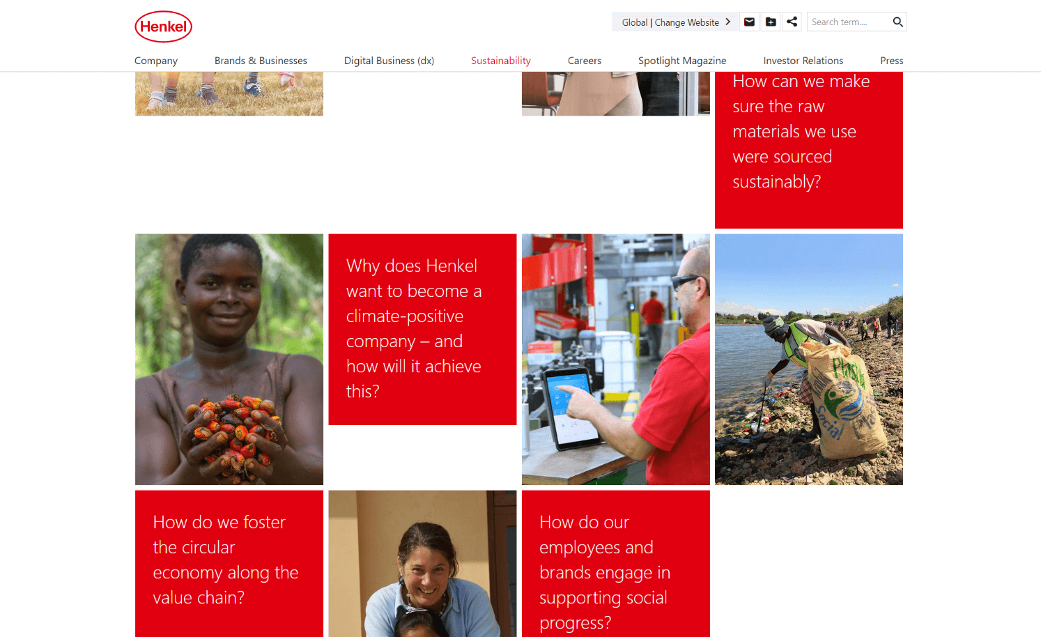 Página web de Henkel: sector destinado al tema “sostenibilidad”