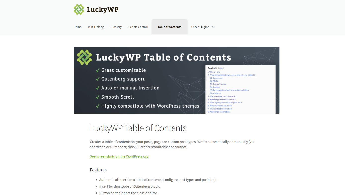 Página informativa de LuckyWP Table of Contents, en la web de su desarrollador