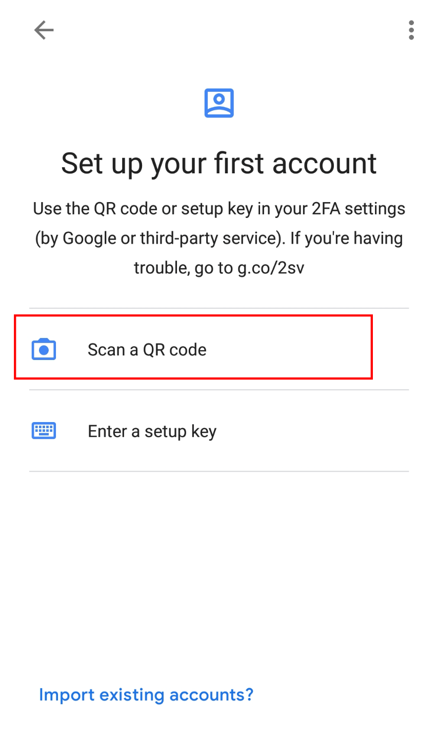 Opción para escanear el código QR en la aplicación Google Authenticator
