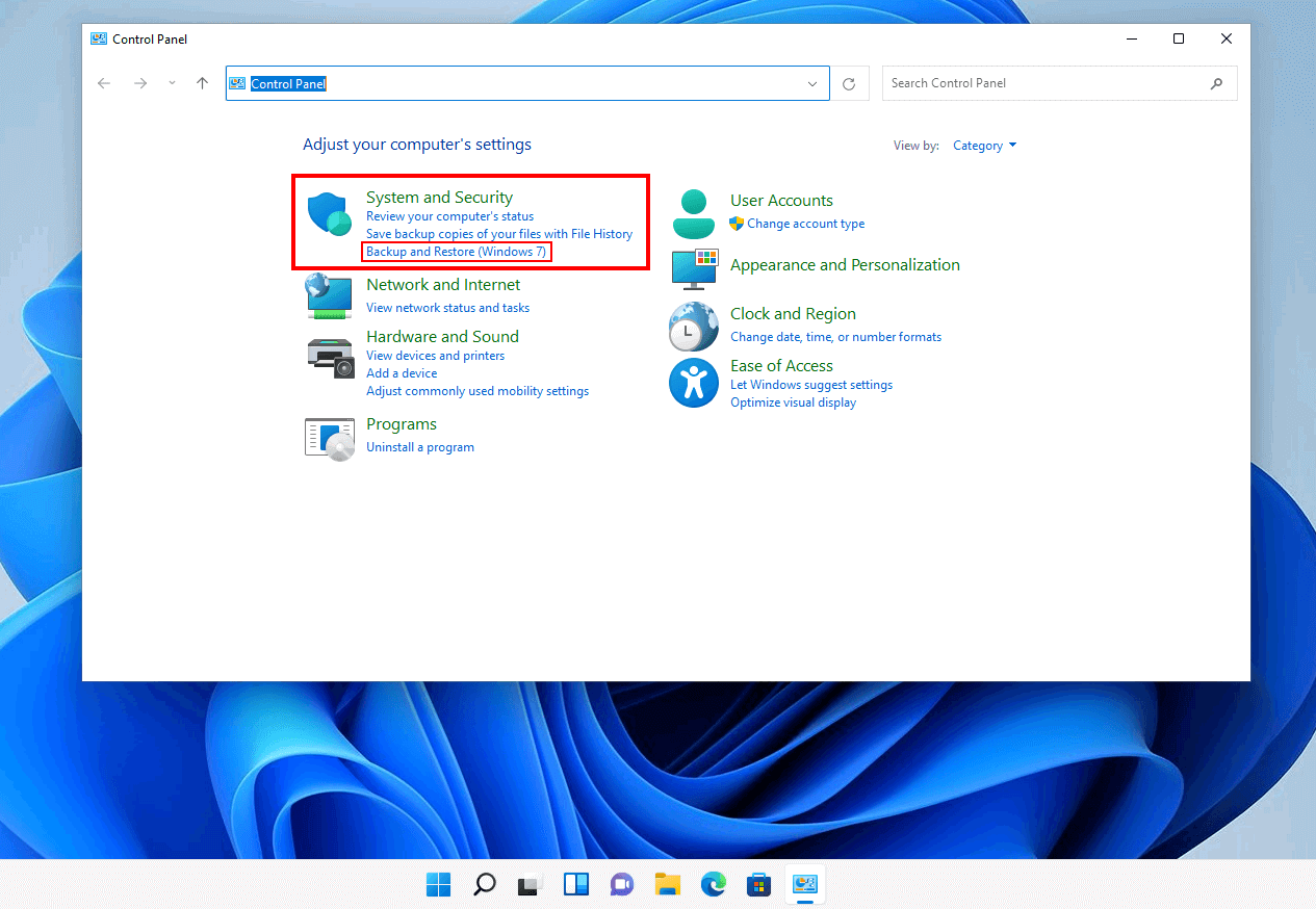 “Copia de seguridad y restauración” en el Panel de control de Windows 11