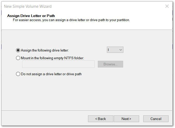 Windows 10: ventana para asignar una letra al nuevo volumen