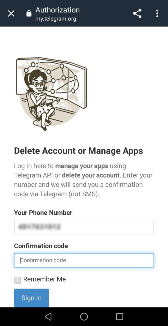 Página web de Telegram para “Eliminar una cuenta”: insertar el código