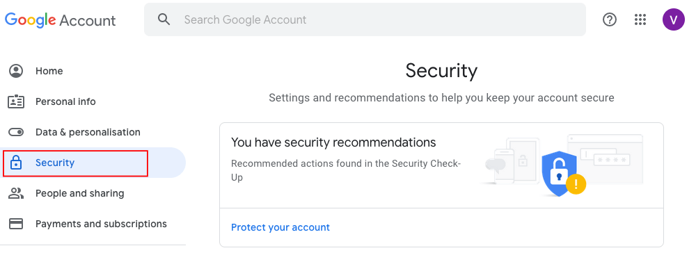 Apartado de “Seguridad” de la cuenta de Google