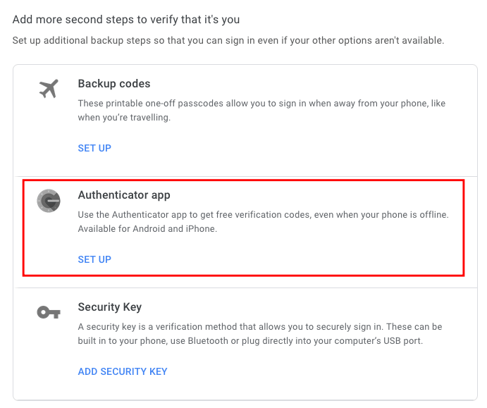 Opción para seleccionar la aplicación Authenticator en la cuenta de Google