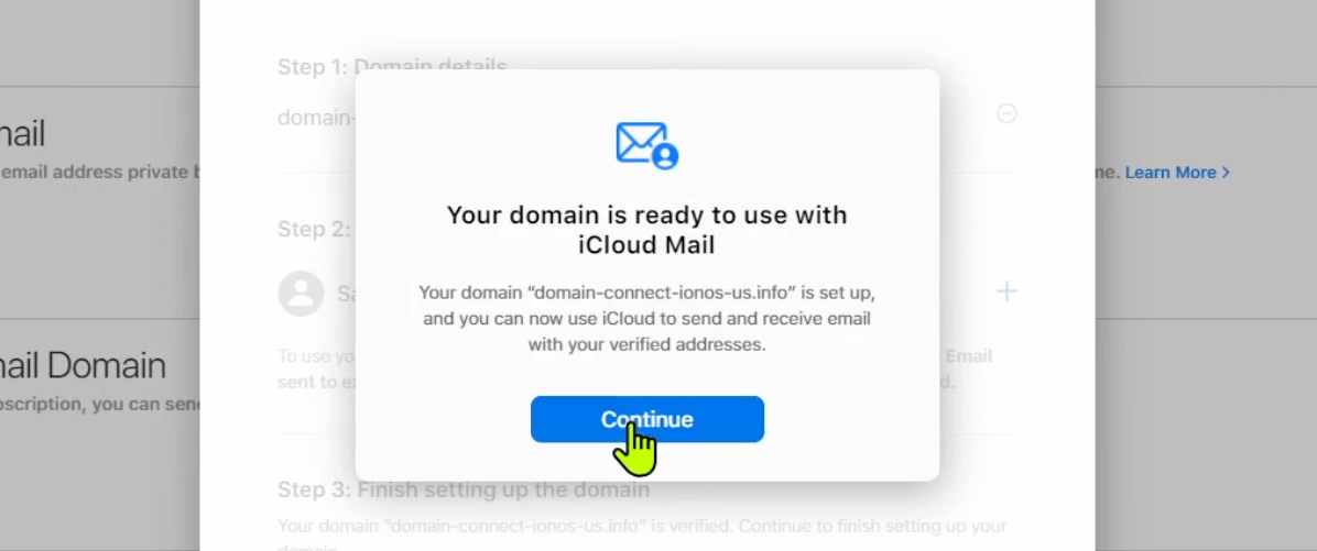 iCloud Mail: mensaje en el que se indica que la configuración se ha realizado con éxito