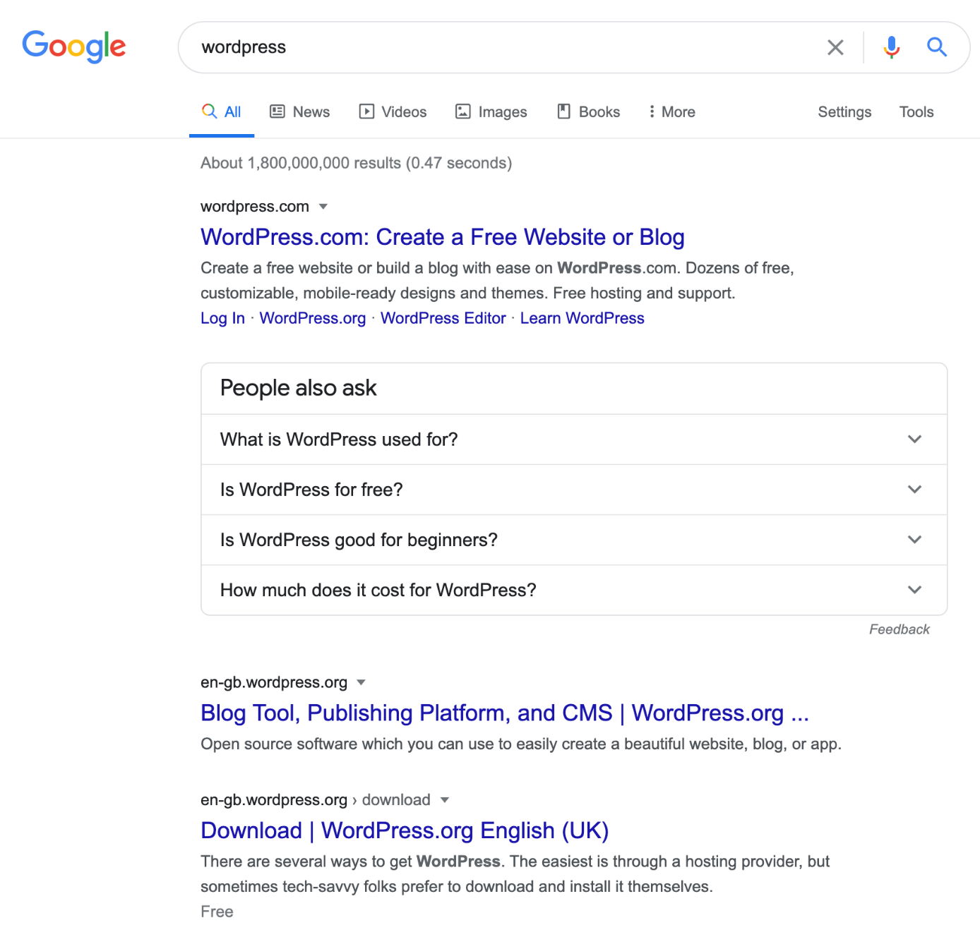SERP de la búsqueda 'wordpress' en Google