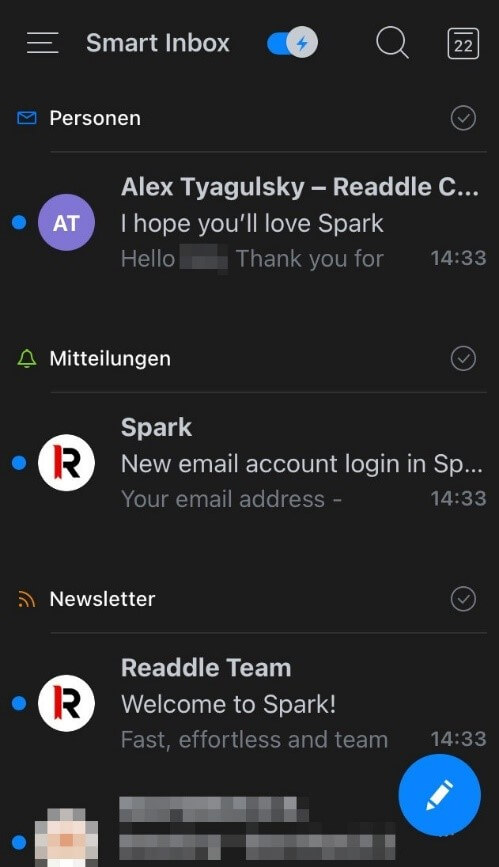 Interfaz de usuario de la versión iOS de Spark