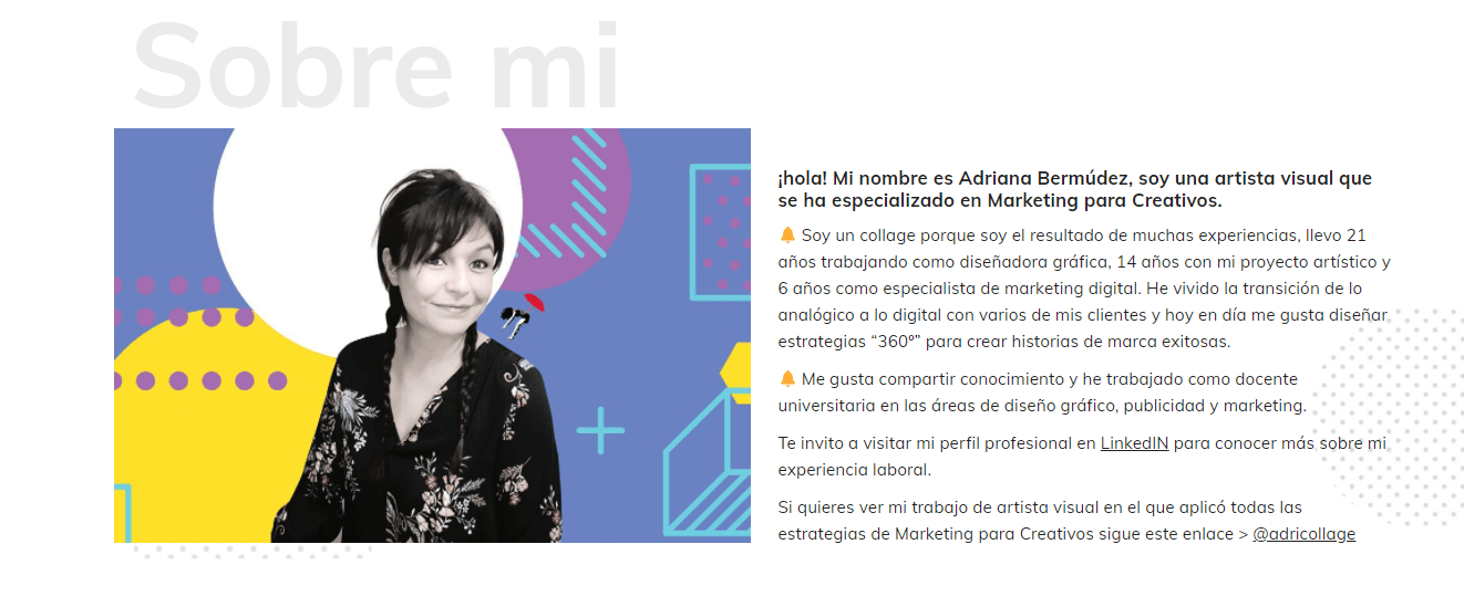 Página “Sobre mí” de la experta en marketing digital Adriana Bermúdez