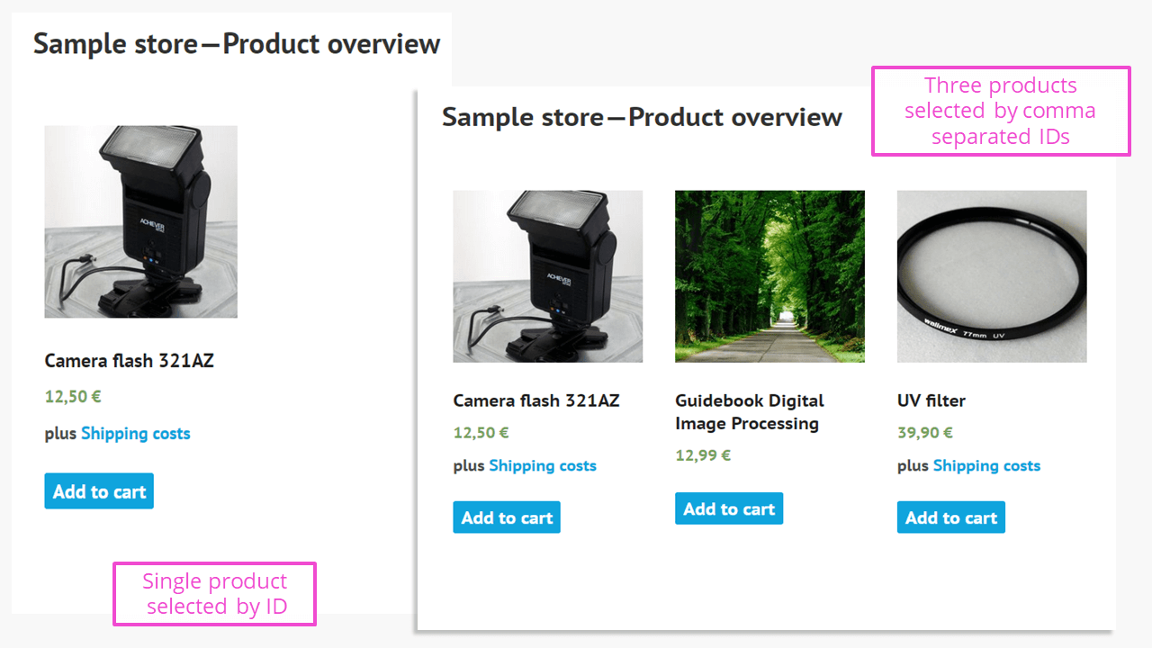 Shortcodes de WooCommerce: vista de varios productos con sus respectivos ID