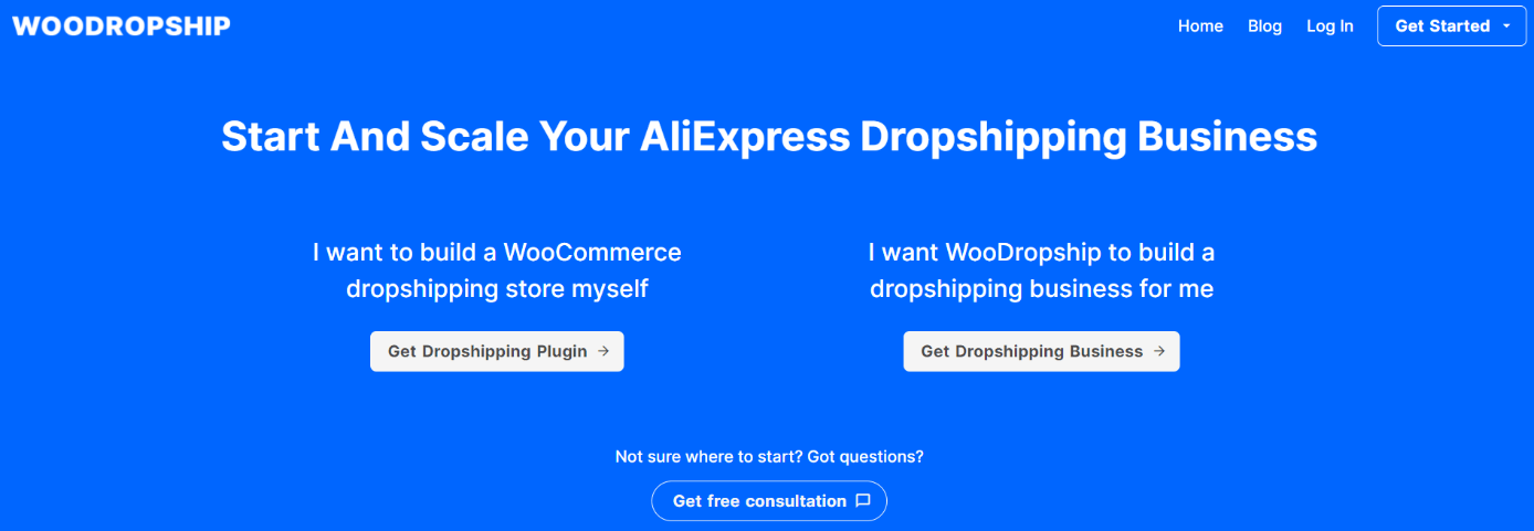 Captura de pantalla de la página web de WooDropship