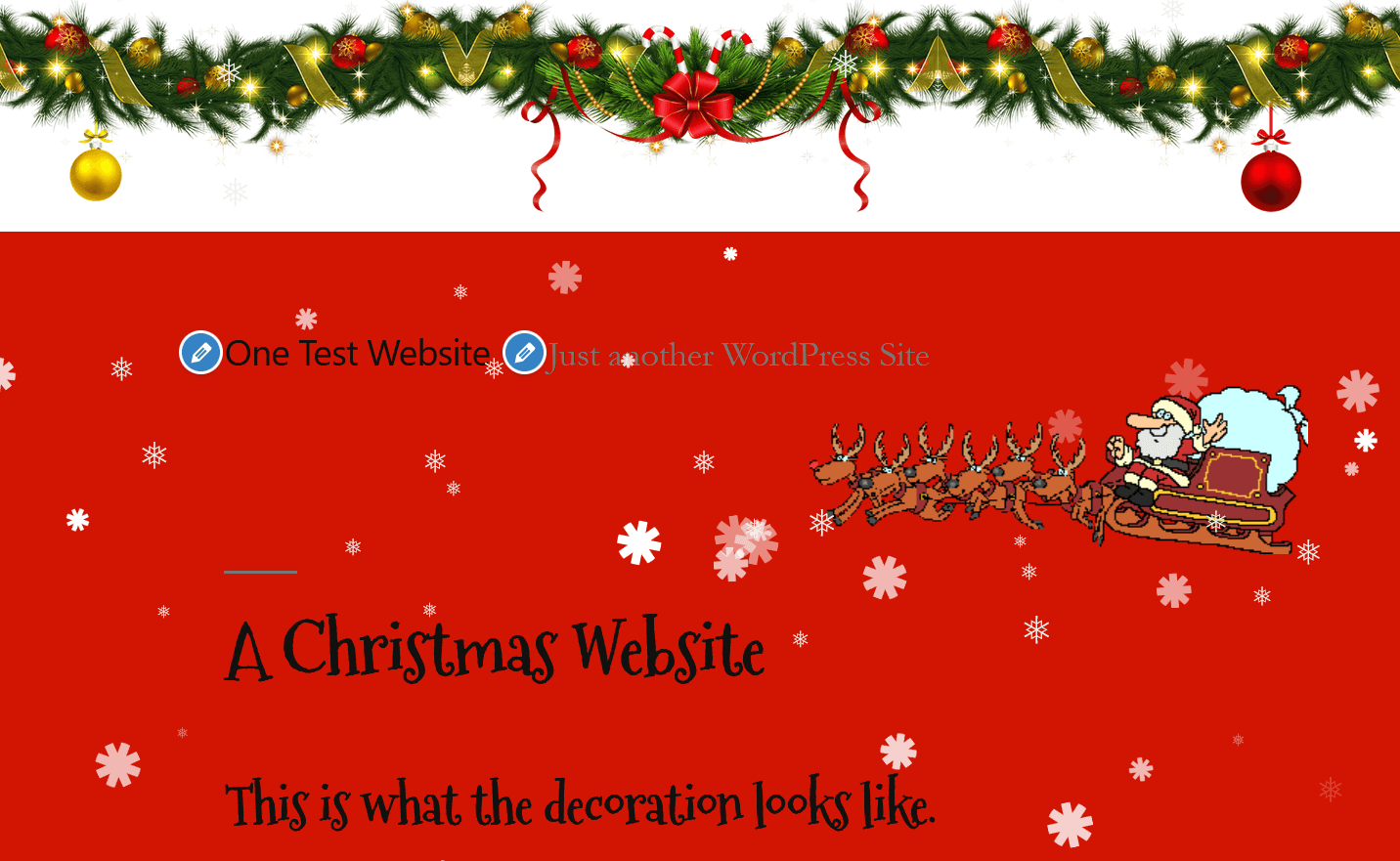 Captura de pantalla de una página de prueba de WordPress con decoraciones de los plugins “Christmasify!” y “Christmas Panda”
