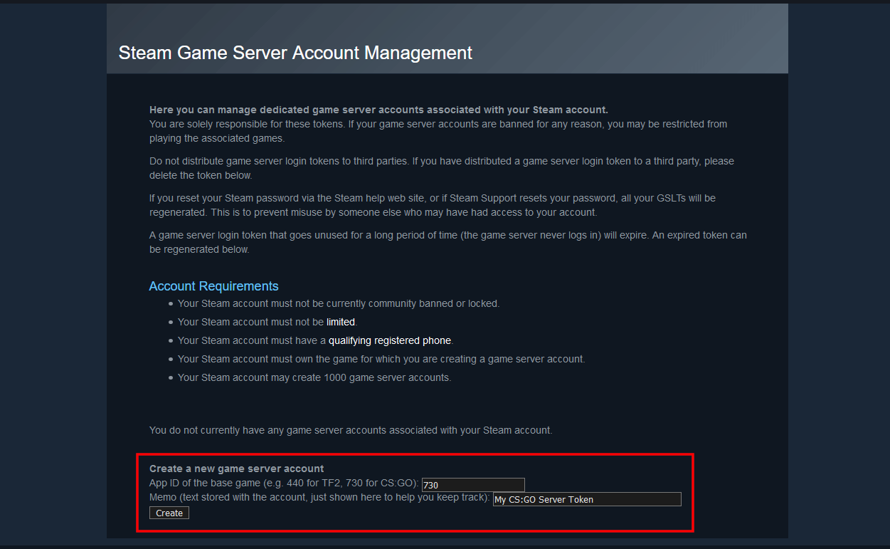 Administración de cuentas de servidor de juego de Steam