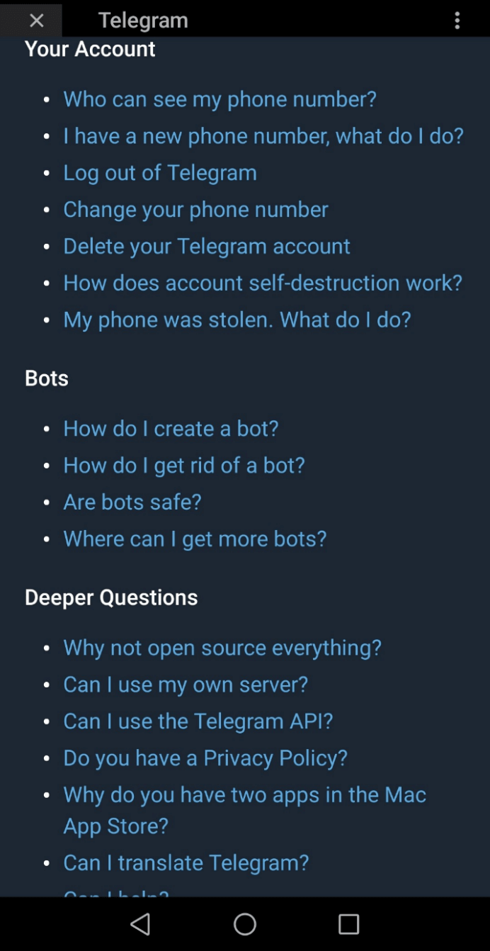 Apartado de FAQs con “Mi cuenta” en la app de Telegram