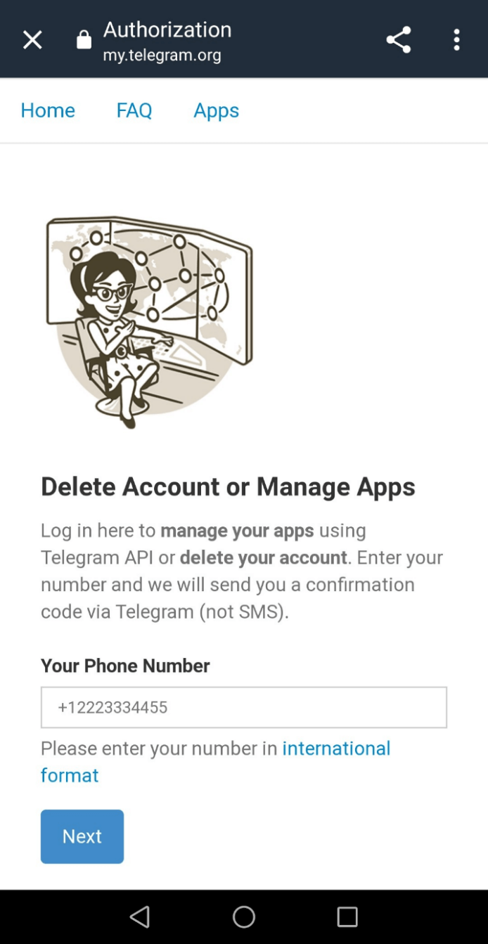 Página web de Telegram para “Eliminar una cuenta”: introducir tu número de teléfono