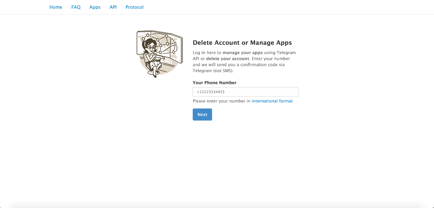 En el navegador: página de Telegram para eliminar una cuenta