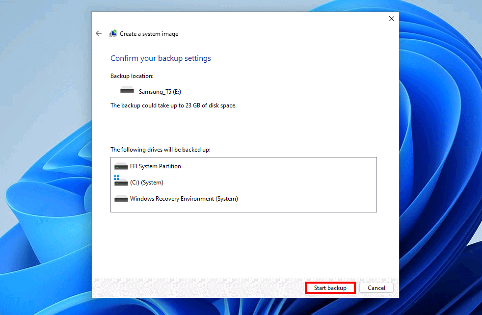 Backup de Windows 11: diálogo de confirmación
